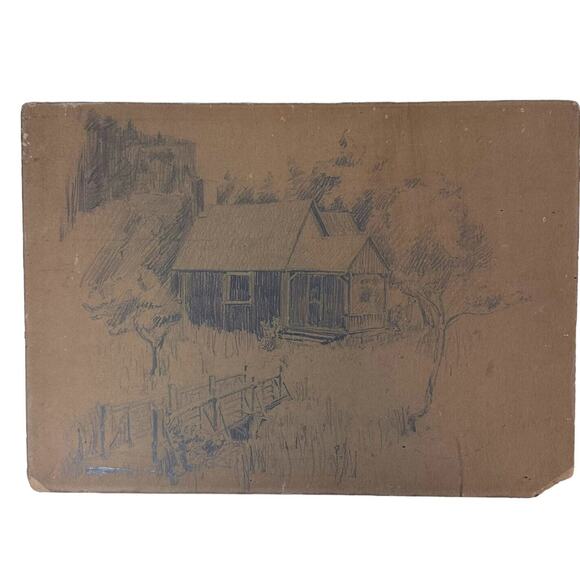 Pencil Drawing Cottage In The Woods Artist Unknown Unsigned Original Vintage - Picture 12 of 12